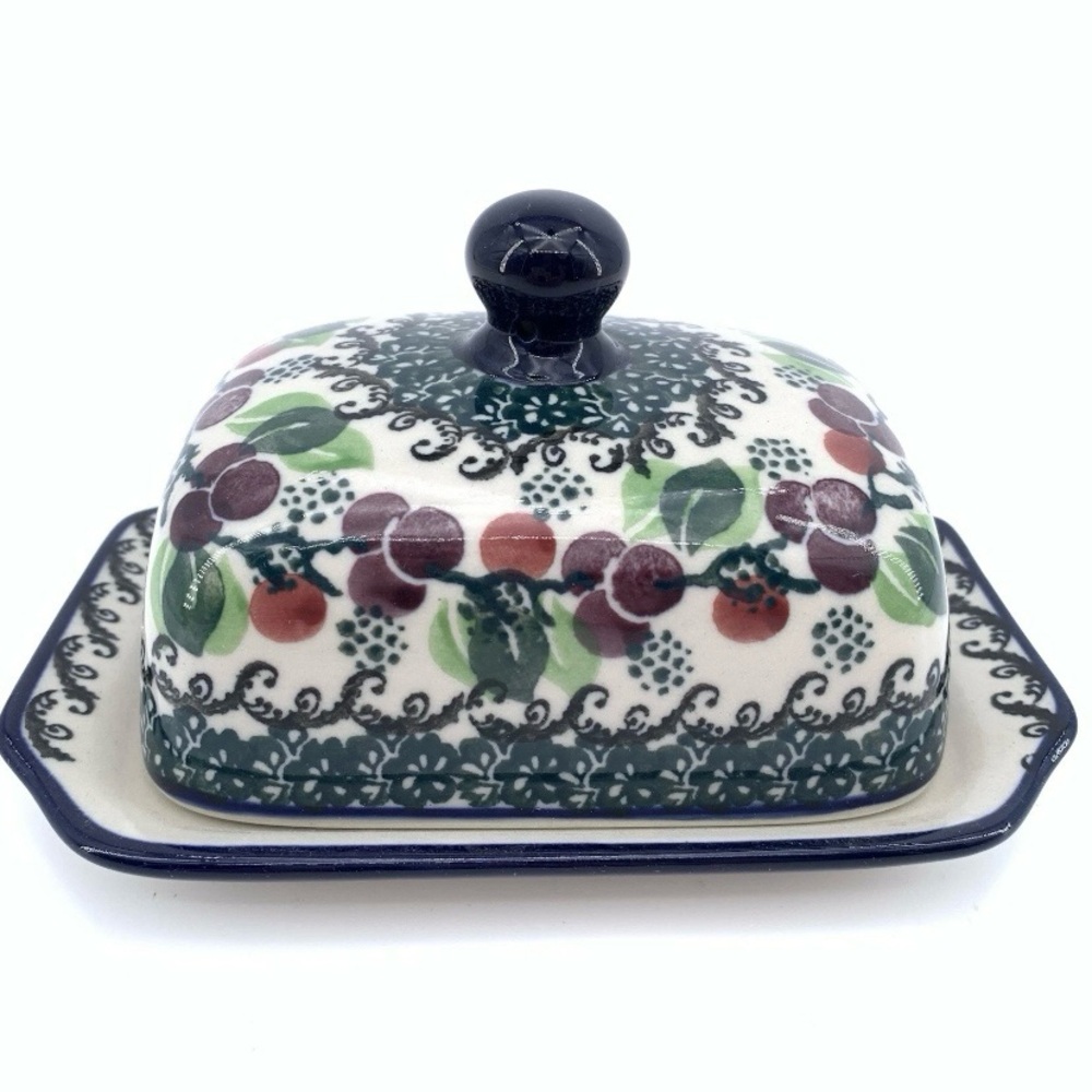 Ceramika Artystyczna Polish Pottery Covered Butter Dish Berry Garland New